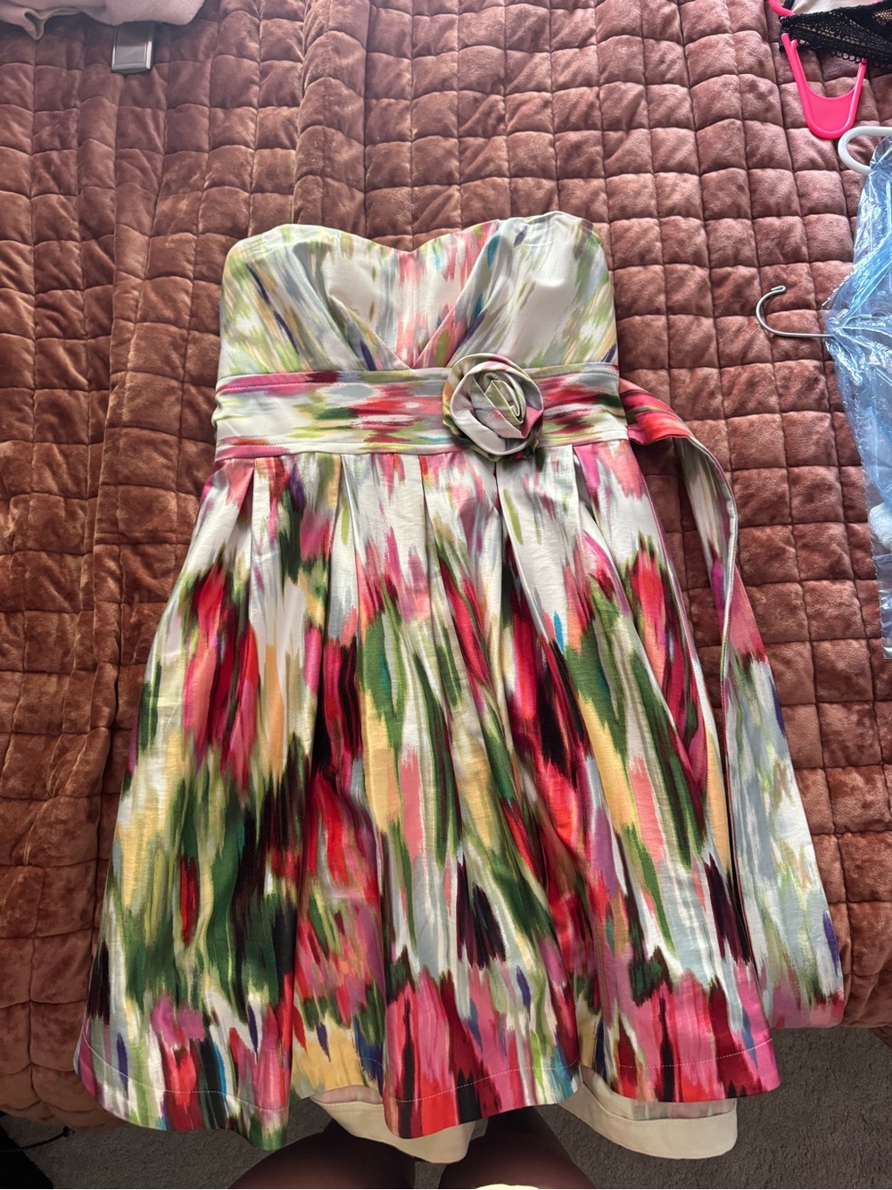 Teeze Me Strapless Watercolor Print Dress in Pink, Green & Yellow